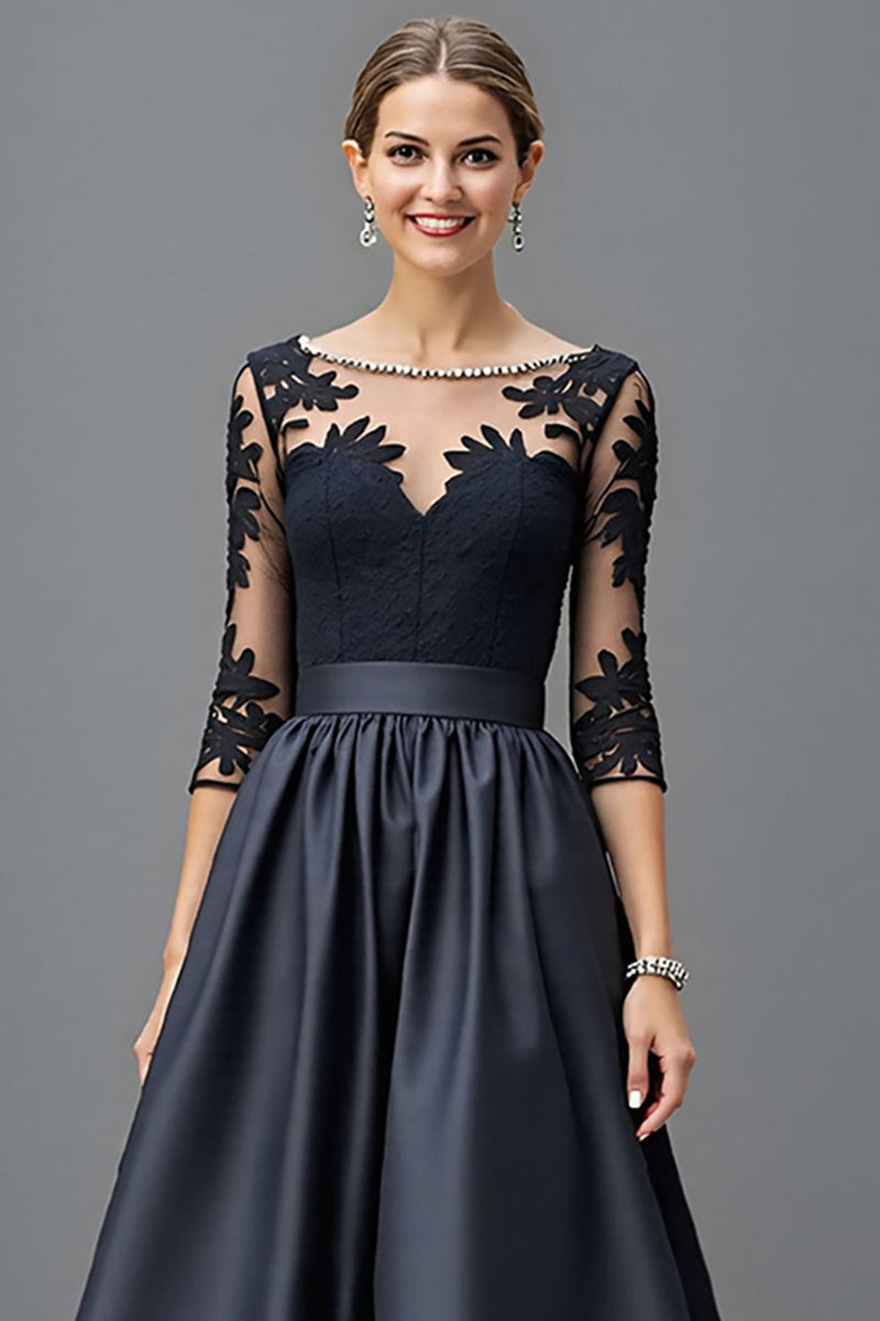 Load image into Gallery viewer, Navy Satin A Line Maxi Mother of the Bride Dress with Lace