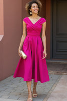 Load image into Gallery viewer, Fuchsia A Line V-Neck Satin Midi Mother of the Bride Dress