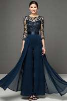 Load image into Gallery viewer, Navy Chiffon Mother of the Bride Pantsuits with Appliques