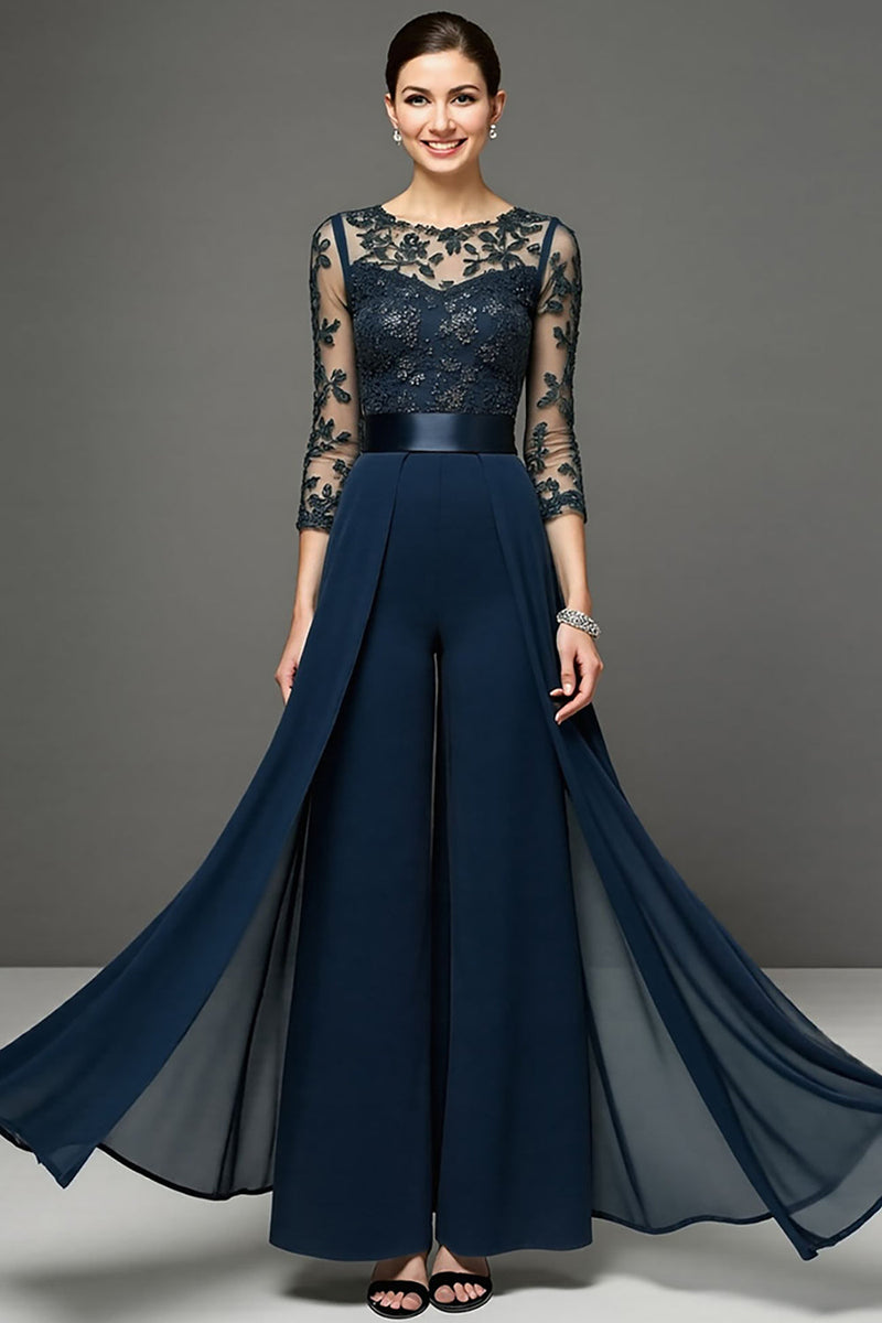 Load image into Gallery viewer, Navy Chiffon Mother of the Bride Pantsuits with Appliques