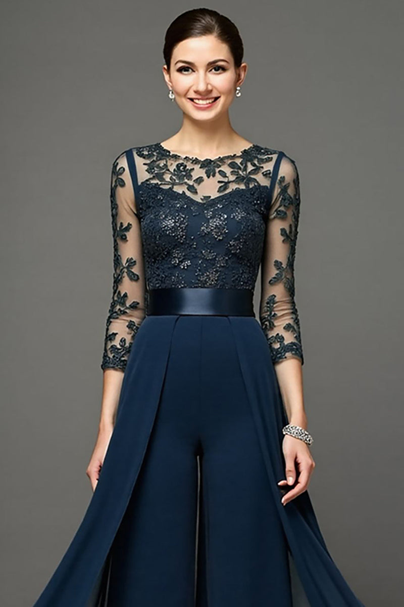 Load image into Gallery viewer, Navy Chiffon Mother of the Bride Pantsuits with Appliques