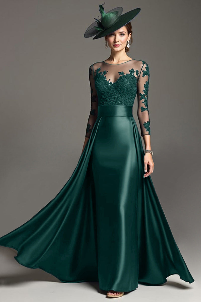 Load image into Gallery viewer, Navy Illusion Neck Satin Maxi Mother of the Bride Dress with Lace