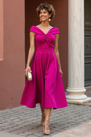 Load image into Gallery viewer, Fuchsia A Line V-Neck Satin Midi Mother of the Bride Dress