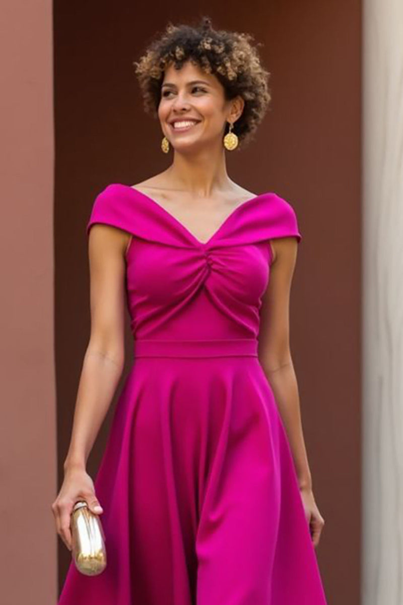 Load image into Gallery viewer, Fuchsia A Line V-Neck Satin Midi Mother of the Bride Dress