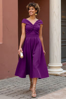Load image into Gallery viewer, Fuchsia A Line V-Neck Satin Midi Mother of the Bride Dress
