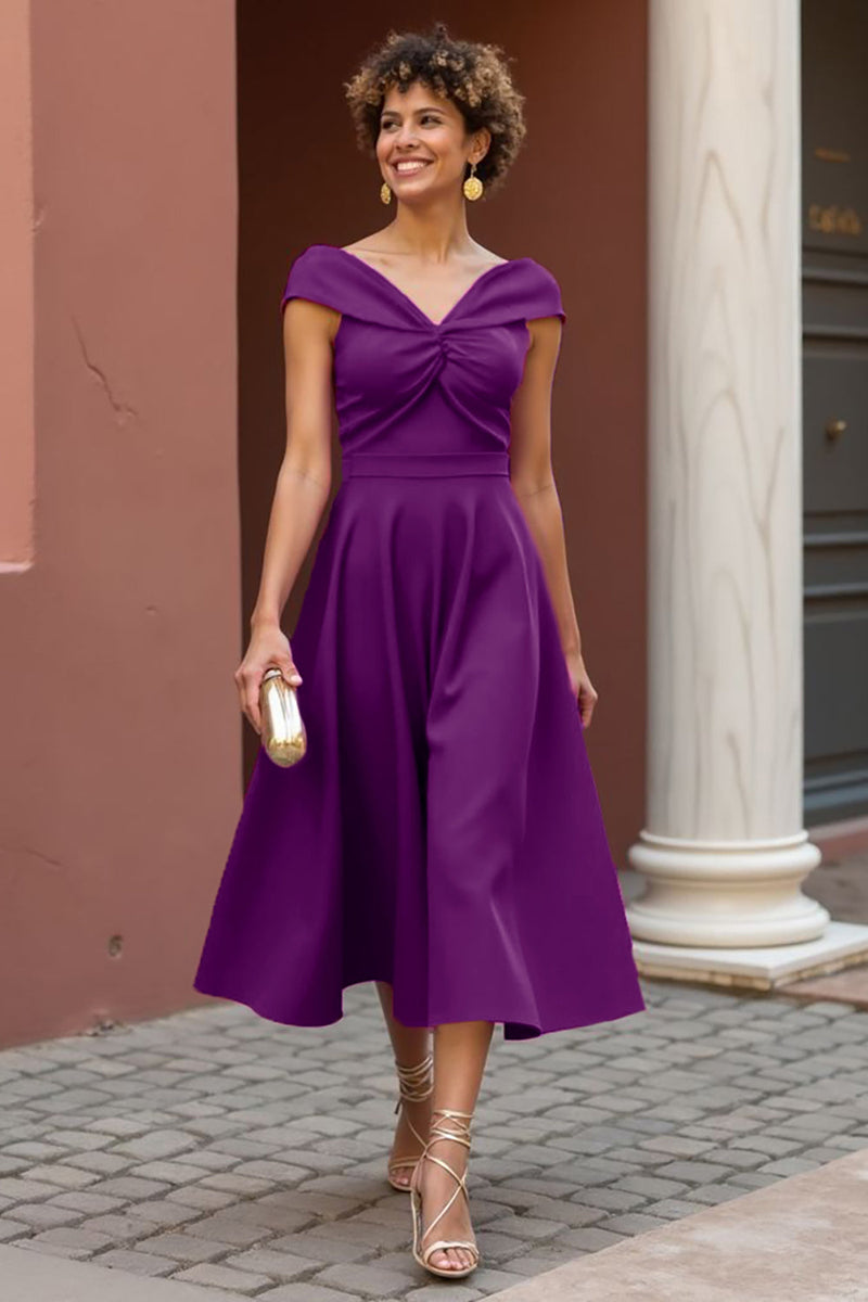 Load image into Gallery viewer, Fuchsia A Line V-Neck Satin Midi Mother of the Bride Dress