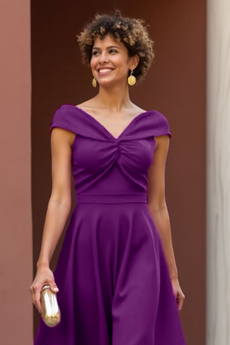 Load image into Gallery viewer, Fuchsia A Line V-Neck Satin Midi Mother of the Bride Dress
