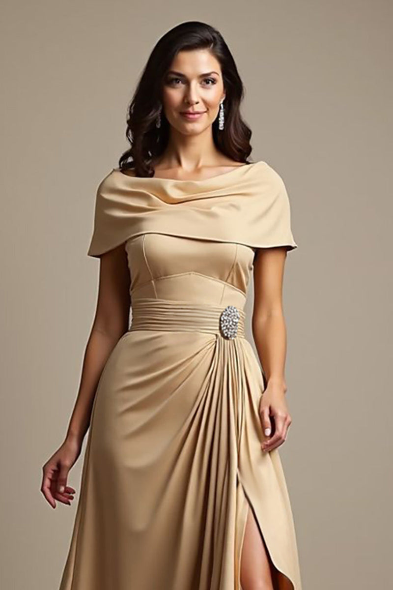 Load image into Gallery viewer, Champagne A Line Satin Ruffled Maxi Mother of the Bride Dress with Slit