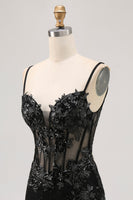 Load image into Gallery viewer, Sparkly Black Tight Corset Spaghetti Straps Short Prom Dress with Lace