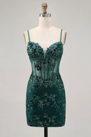 Load image into Gallery viewer, Sparkly Dark Green Tight Short Corset Prom Dress with Sequins