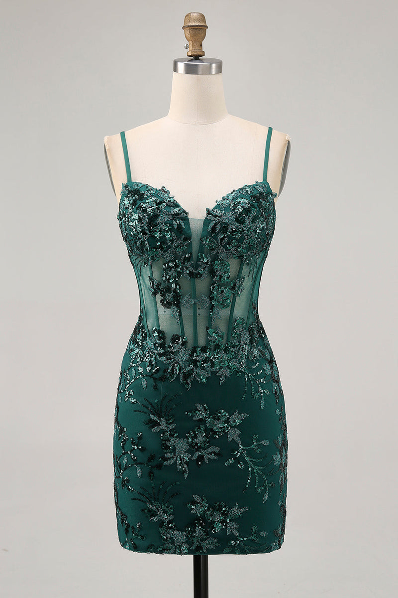 Load image into Gallery viewer, Sparkly Dark Green Tight Short Corset Prom Dress with Sequins