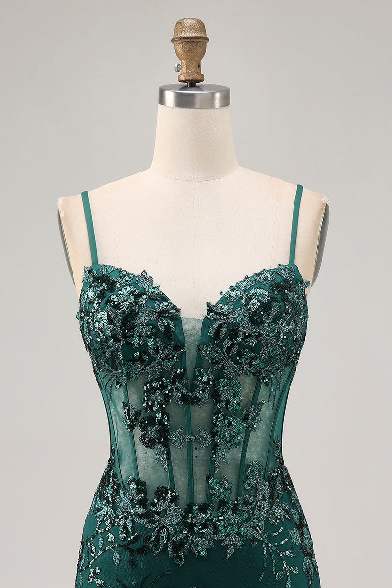 Load image into Gallery viewer, Sparkly Dark Green Tight Short Corset Prom Dress with Sequins