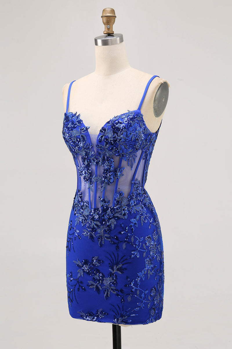 Load image into Gallery viewer, Sparkly Royal Blue Tulle Tight Corset Short Prom Dress with Lace