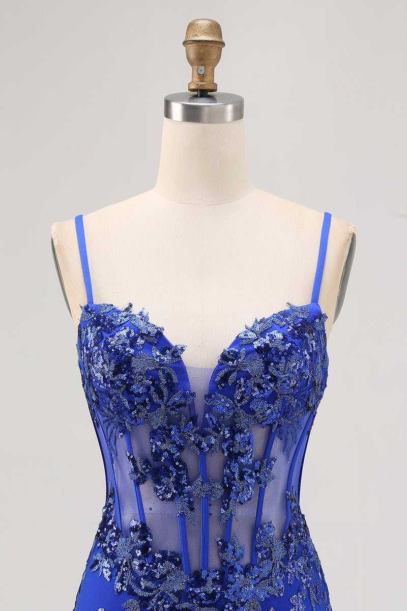 Load image into Gallery viewer, Sparkly Royal Blue Tulle Tight Corset Short Prom Dress with Lace