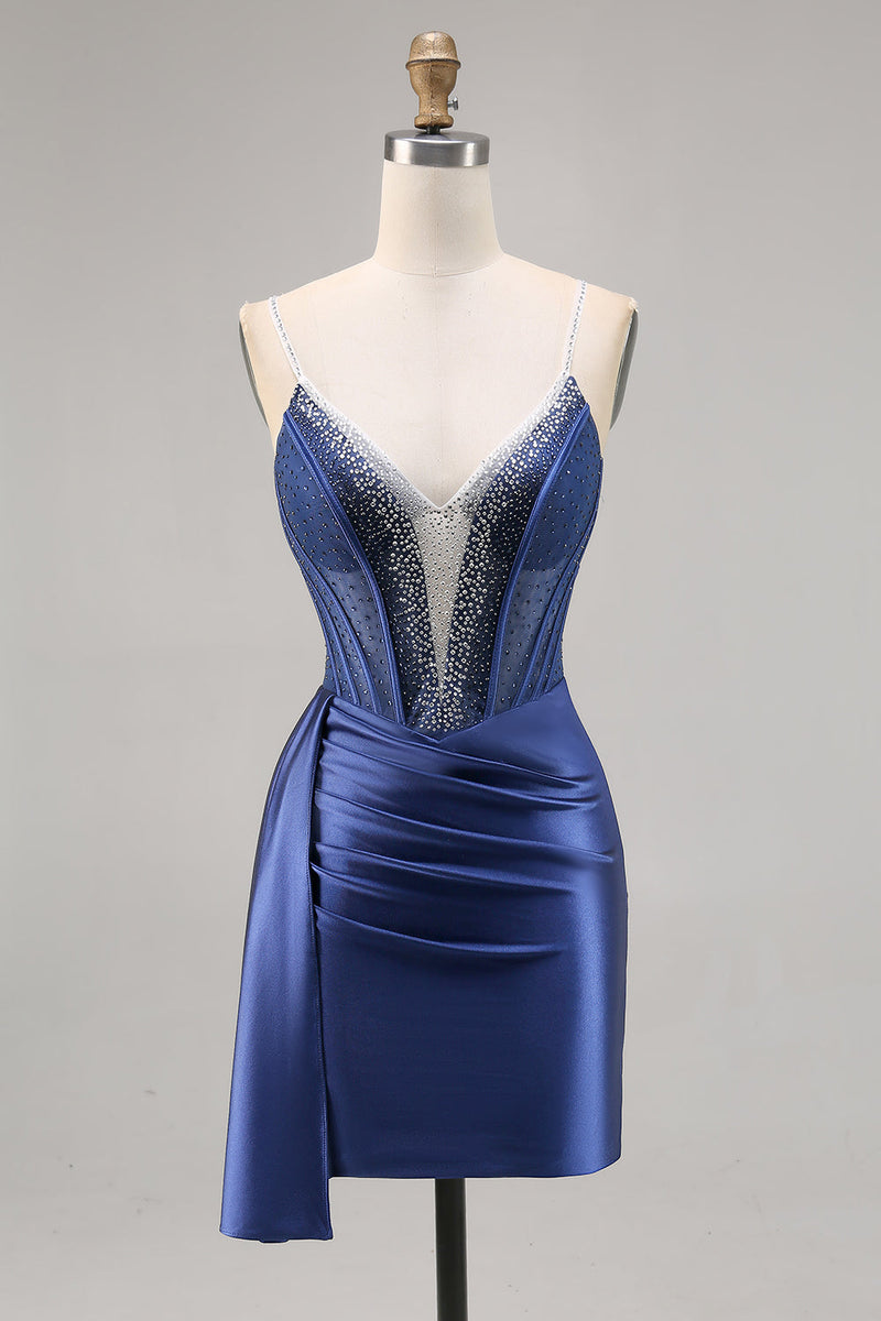 Load image into Gallery viewer, Sparkly Navy Satin Corset Short Prom Dress with Beading