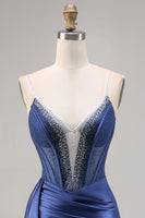 Load image into Gallery viewer, Sparkly Navy Satin Corset Short Prom Dress with Beading