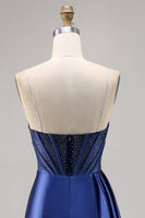 Load image into Gallery viewer, Sparkly Navy Satin Corset Short Prom Dress with Beading