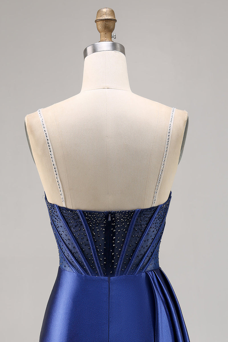 Load image into Gallery viewer, Sparkly Navy Satin Corset Short Prom Dress with Beading