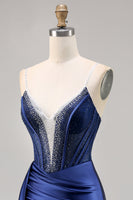 Load image into Gallery viewer, Sparkly Navy Satin Corset Short Prom Dress with Beading