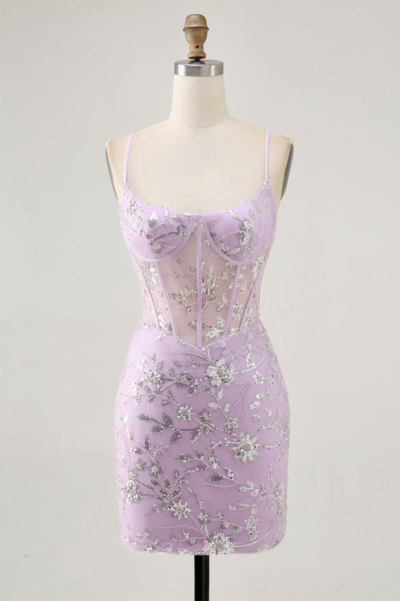 Load image into Gallery viewer, Sparkly Lilac Floral Tight Corset Short Prom Dress with Sequins