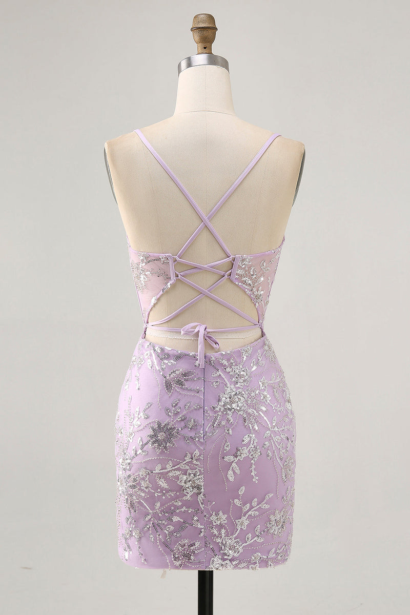Load image into Gallery viewer, Sparkly Lilac Floral Tight Corset Short Prom Dress with Sequins
