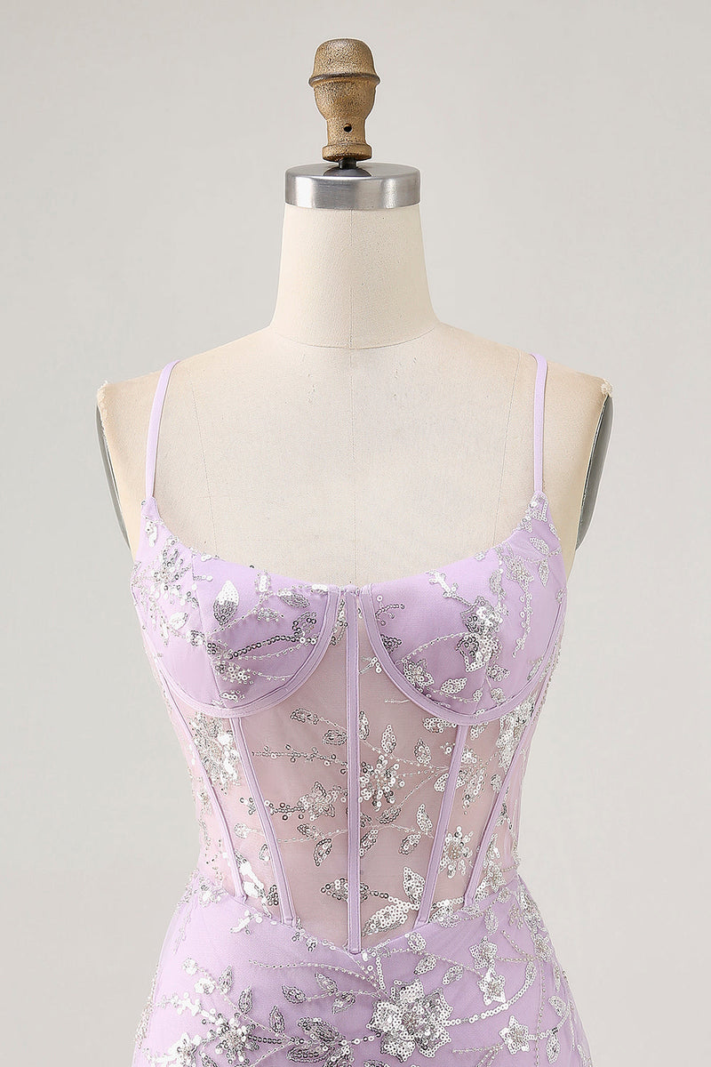Load image into Gallery viewer, Sparkly Lilac Floral Tight Corset Short Prom Dress with Sequins