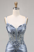 Load image into Gallery viewer, Grey Blue Satin Corset Tight Short Prom Dress with Appliques