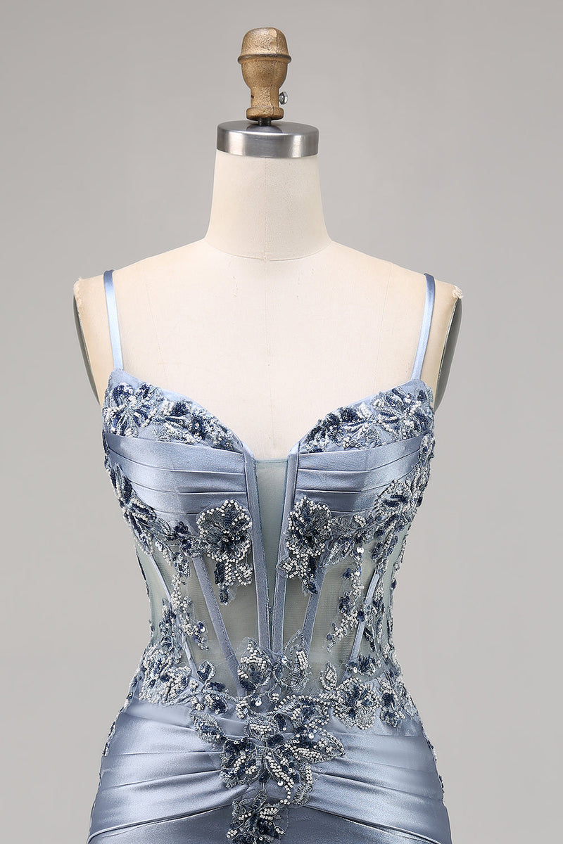 Load image into Gallery viewer, Grey Blue Satin Corset Tight Short Prom Dress with Appliques