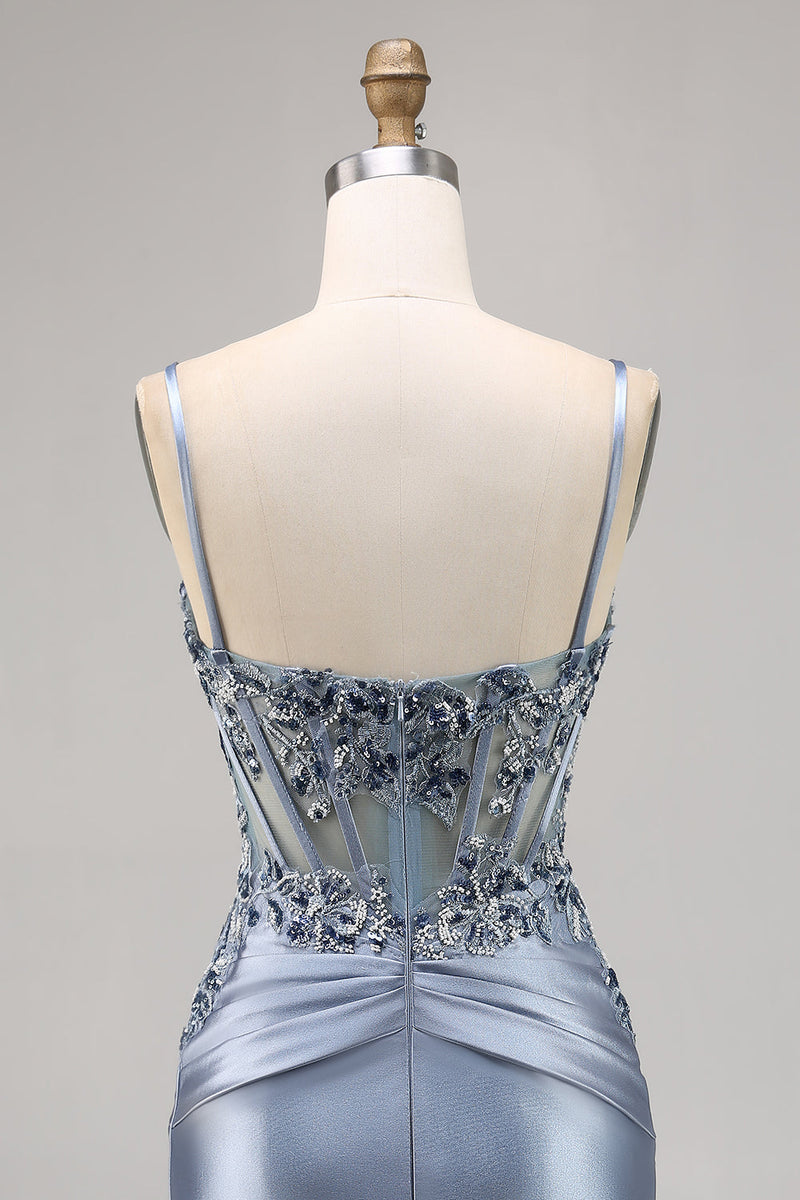 Load image into Gallery viewer, Grey Blue Satin Corset Tight Short Prom Dress with Appliques