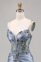 Load image into Gallery viewer, Grey Blue Satin Corset Tight Short Prom Dress with Appliques