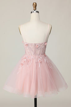 Pink Spaghetti Straps Corset A Line Floral Short Prom Dress