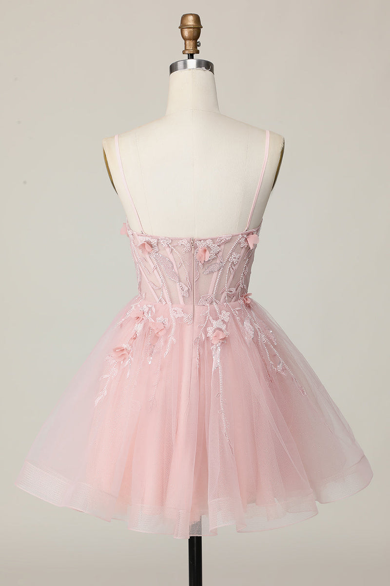 Load image into Gallery viewer, Pink Spaghetti Straps Corset A Line Floral Short Prom Dress