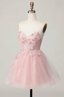 Load image into Gallery viewer, Pink Spaghetti Straps Corset A Line Floral Short Prom Dress