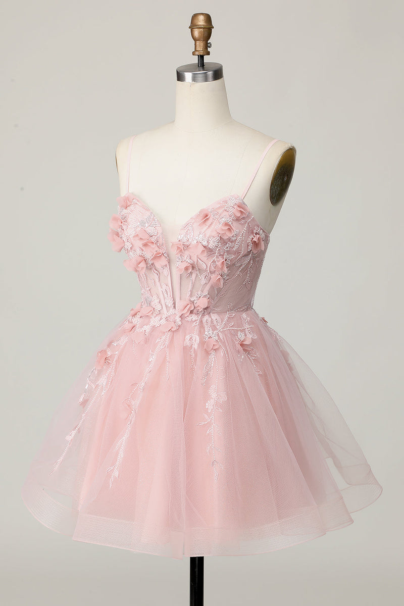 Load image into Gallery viewer, Pink Spaghetti Straps Corset A Line Floral Short Prom Dress