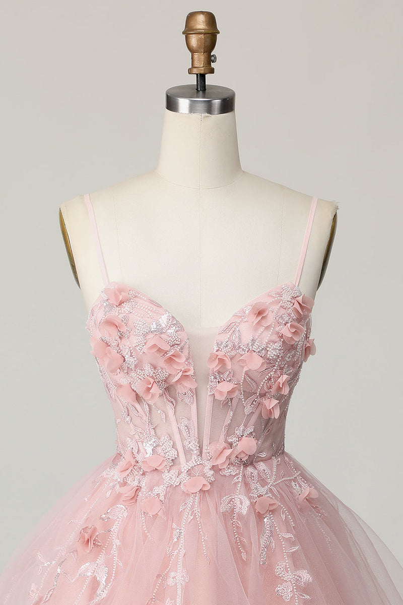 Load image into Gallery viewer, Pink Spaghetti Straps Corset A Line Floral Short Prom Dress