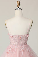 Load image into Gallery viewer, Pink Spaghetti Straps Corset A Line Floral Short Prom Dress