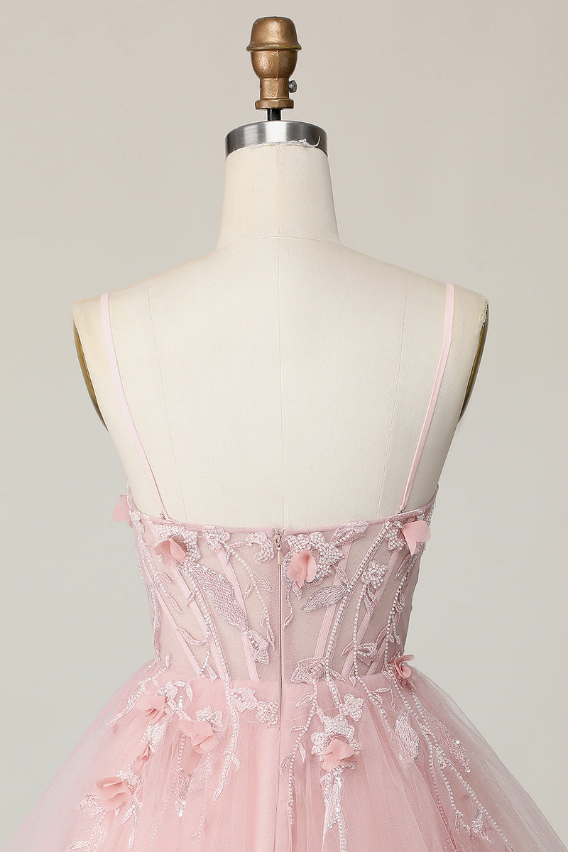 Load image into Gallery viewer, Pink Spaghetti Straps Corset A Line Floral Short Prom Dress