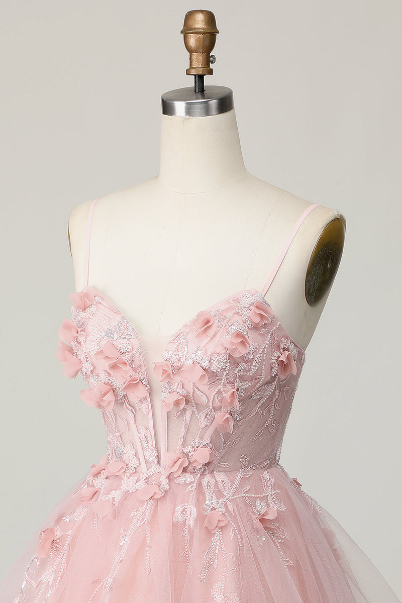 Load image into Gallery viewer, Pink Spaghetti Straps Corset A Line Floral Short Prom Dress