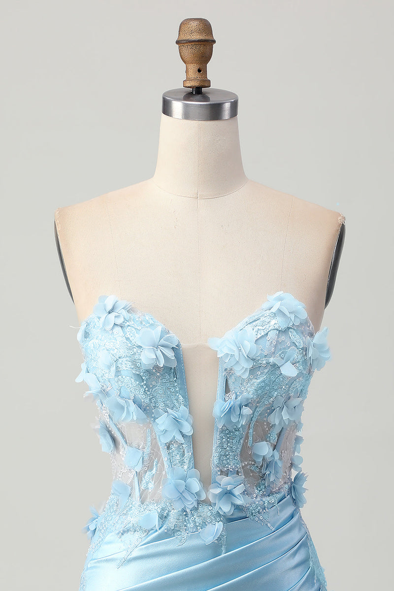 Load image into Gallery viewer, Sky Blue Corset Floral Tight Short Satin Prom Dress