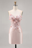 Load image into Gallery viewer, Pink Satin Corset Floral Short Tight Prom Dress