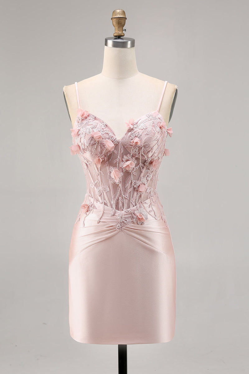 Load image into Gallery viewer, Pink Satin Corset Floral Short Tight Prom Dress
