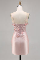 Load image into Gallery viewer, Pink Satin Corset Floral Short Tight Prom Dress
