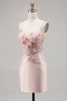 Load image into Gallery viewer, Pink Satin Corset Floral Short Tight Prom Dress