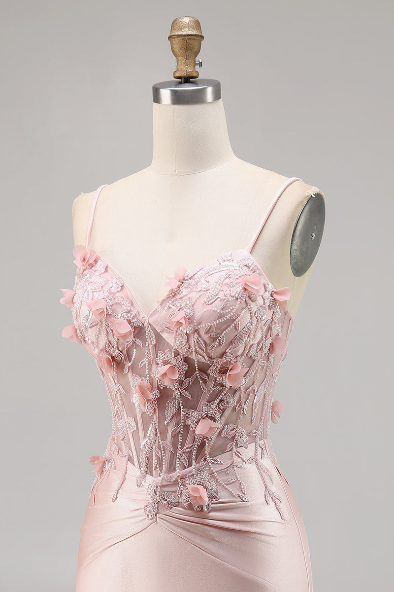 Load image into Gallery viewer, Pink Satin Corset Floral Short Tight Prom Dress