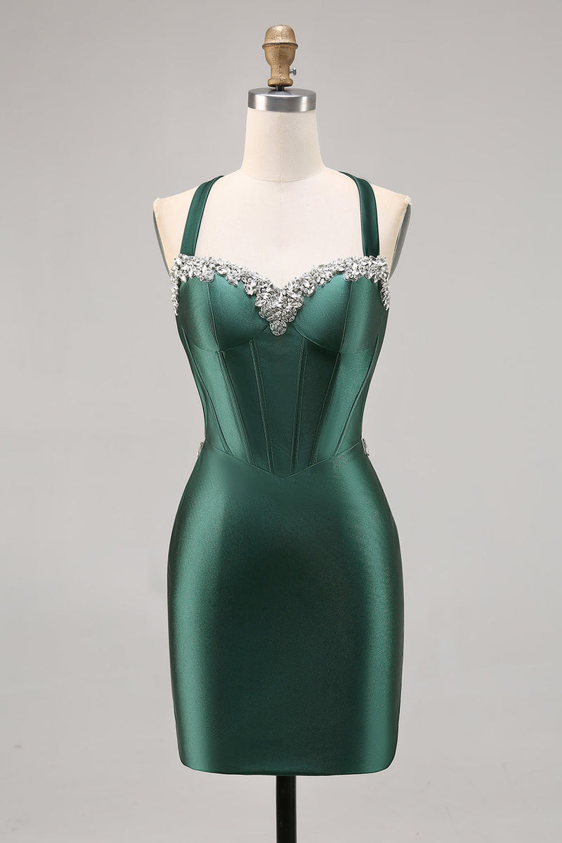 Load image into Gallery viewer, Sparkly Dark Green Satin Corset Short Tight Prom Dress with Beading