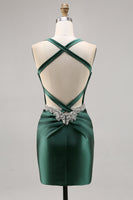 Load image into Gallery viewer, Sparkly Dark Green Satin Corset Short Tight Prom Dress with Beading