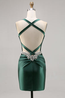 Sparkly Dark Green Satin Corset Short Tight Prom Dress with Beading
