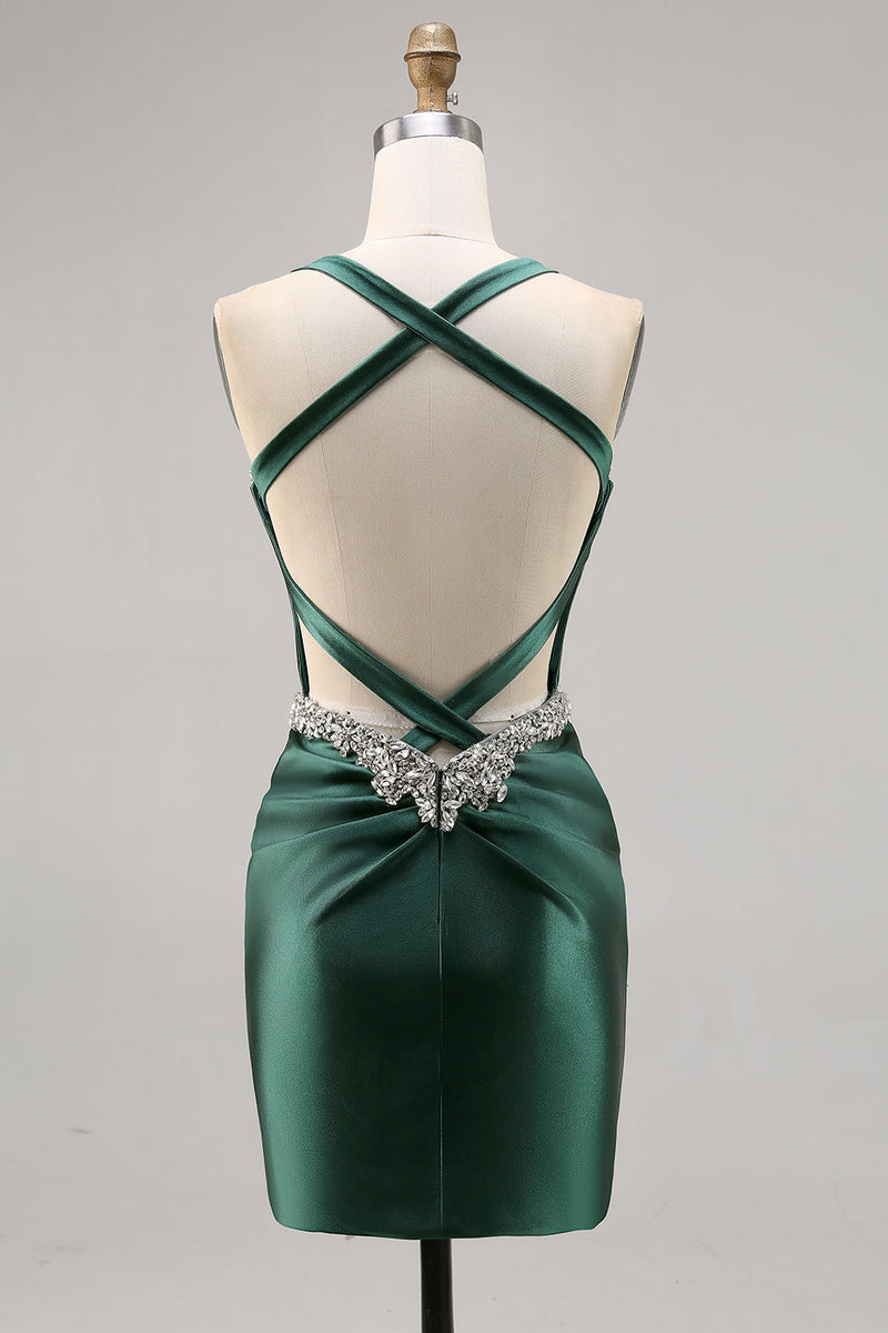 Load image into Gallery viewer, Sparkly Dark Green Satin Corset Short Tight Prom Dress with Beading