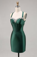 Load image into Gallery viewer, Sparkly Dark Green Satin Corset Short Tight Prom Dress with Beading