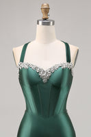Load image into Gallery viewer, Sparkly Dark Green Satin Corset Short Tight Prom Dress with Beading